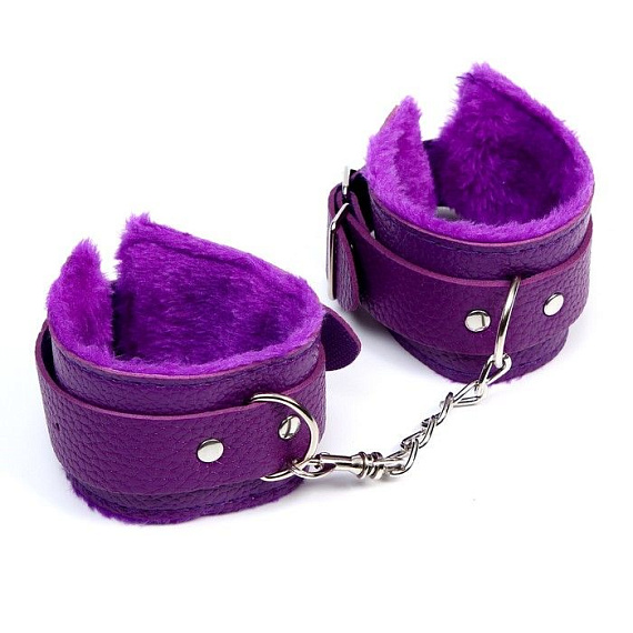 Фиолетовые наручники с меховой подкладкой - искусственная кожа, металл