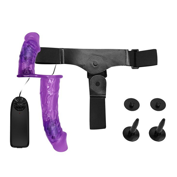 Женский фиолетовый страпон с вагинальной вибропробкой Ultra - 17,5 см. Baile