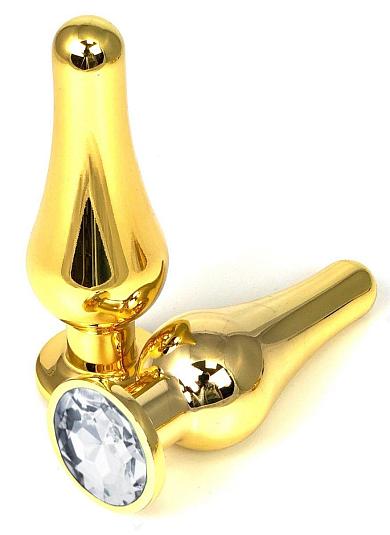 Золотистая удлиненная анальная пробка с прозрачным кристаллом - 9 см.