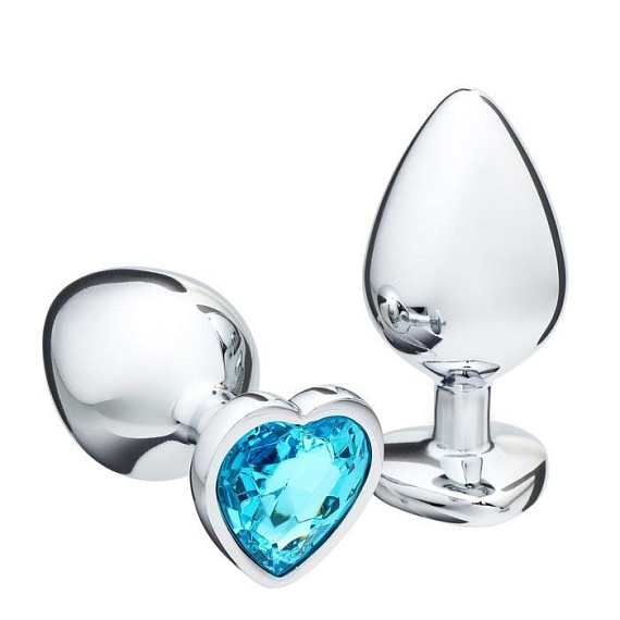 Серебристая коническая анальная пробка с голубым кристаллом-сердечком - 9 см. - алюминий
