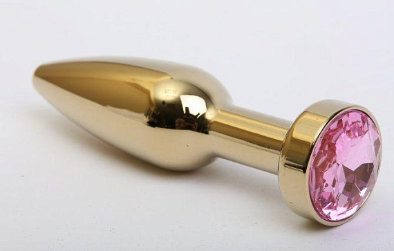 Золотистая анальная пробка с розовым кристаллом - 11,2 см. - металл
