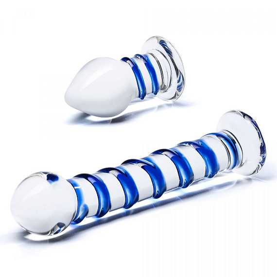 Набор из 2 стеклянных игрушек с синей спиралью Swirly Dildo   Buttplug Set - фото 5