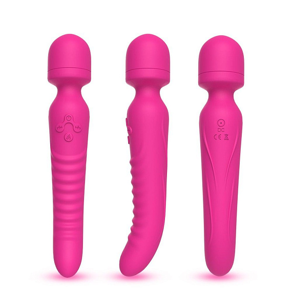Ярко-розовый двусторонний wand-вибромассажер с рифленой ручкой - 22,5 см. - силикон