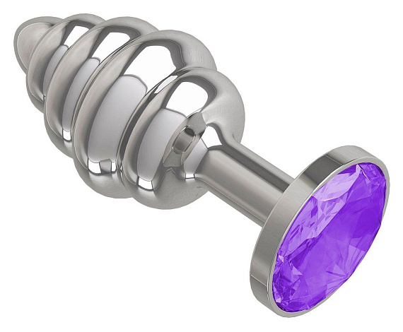 Серебристая пробка с рёбрышками и фиолетовым кристаллом - 7 см. - металл