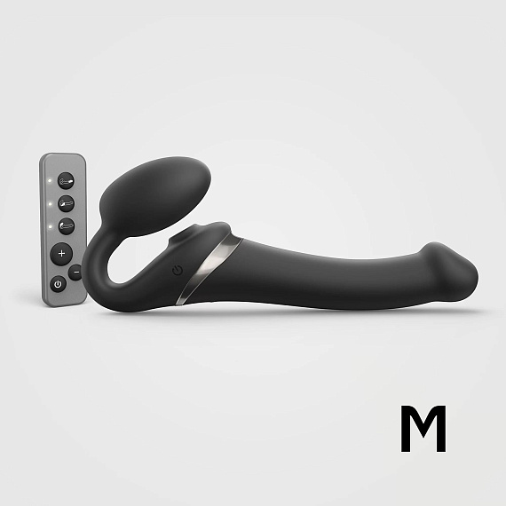 Черный безремневой страпон Multi Orgasm Size M с клиторальной стимуляцией - силикон