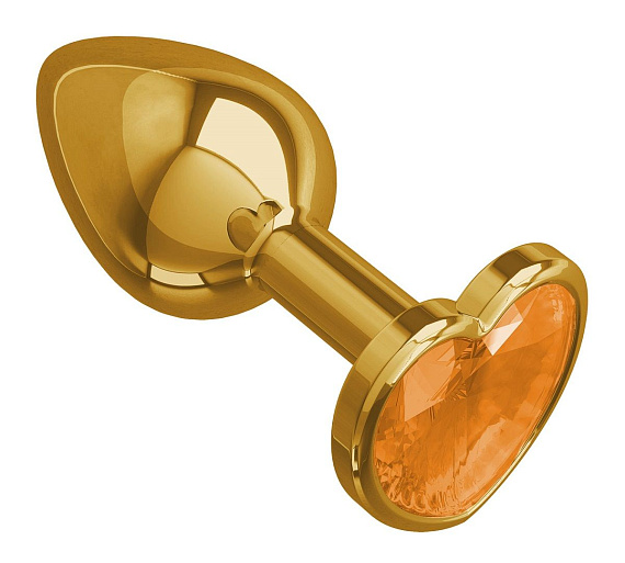 Золотистая анальная втулка с оранжевым кристаллом-сердцем - 7 см. - металл