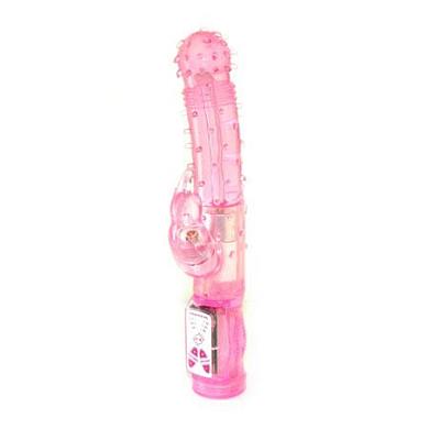 Розовый вибромассажёр с пупырышками, вращением и клиторальной стимуляцией - 22,3 см.