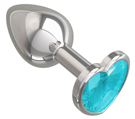 Серебристая анальная втулка с голубым кристаллом-сердцем - 7 см. - металл