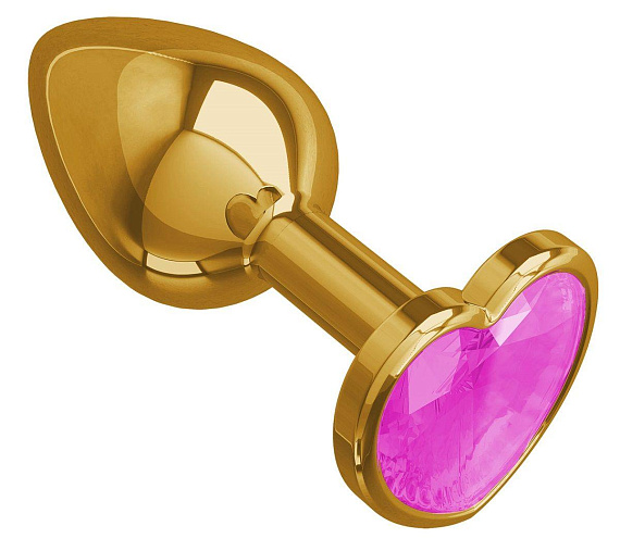 Золотистая анальная втулка с розовым кристаллом-сердцем - 7 см. - металл