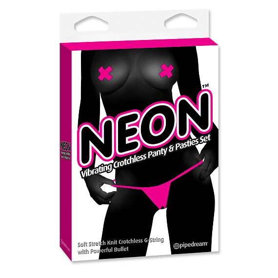 Ярко-розовые вибротрусики с вырезом и пэстисы  Neon Vibrating Crotchless Panty and Pasties Set - 100% полиэстер