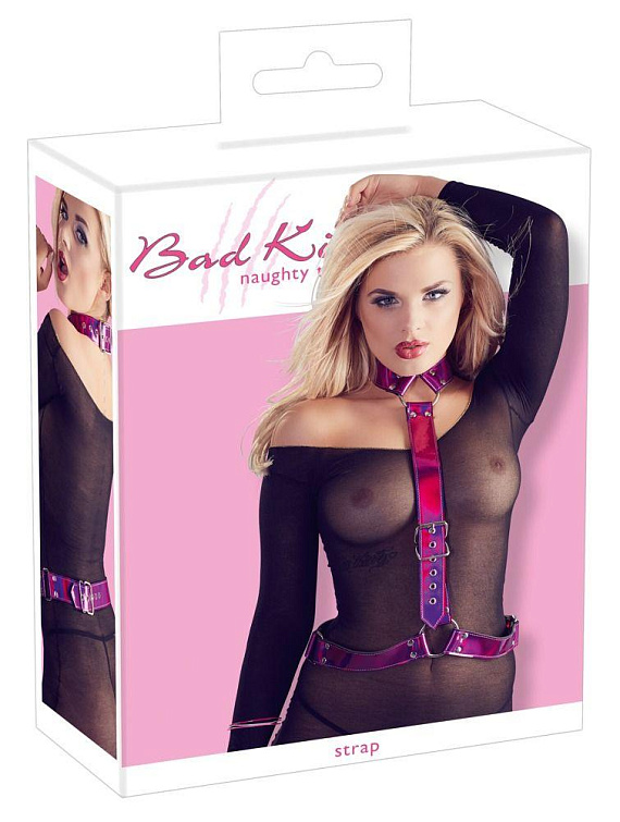 Неоново-розовая сбруя на шею и талию Bad Kitty Body Harness - фото 7