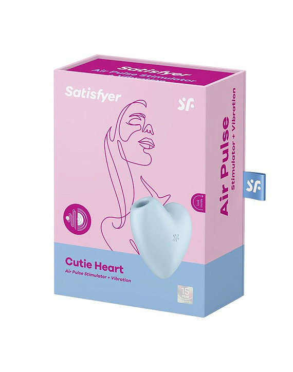 Голубой вибромассажер Cutie Heart с вакуум-волновой стимуляцией - силикон
