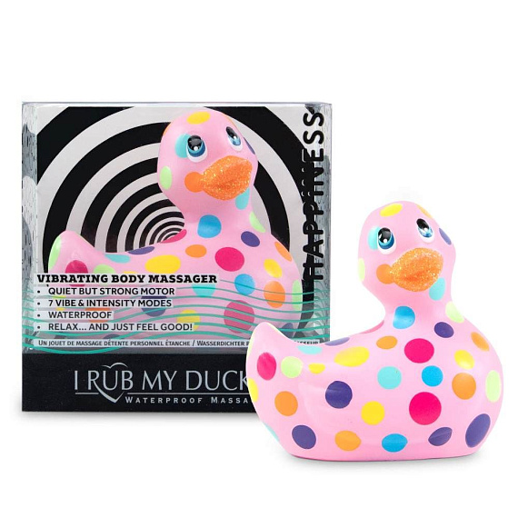 Розовый вибратор-уточка I Rub My Duckie 2.0 Happiness в разноцветный горох - анодированный пластик (ABS)