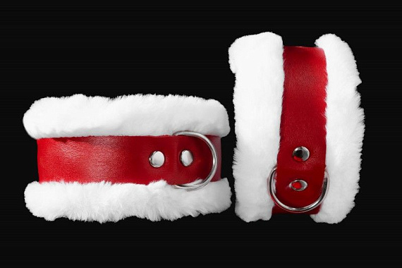Бело-красные наручники из натуральной кожи с нежным мехом от Intimcat