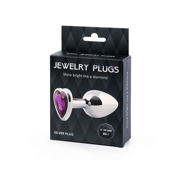 Серебристая анальная пробка с фиолетовым кристаллом-сердечком - 8 см. Anal Jewelry Plug