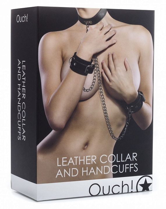 Чёрный комплект для бондажа Leather Collar and Handcuffs - натуральная кожа