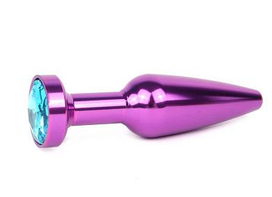 Удлиненная коническая гладкая фиолетовая анальная втулка с голубым кристаллом - 11,3 см.