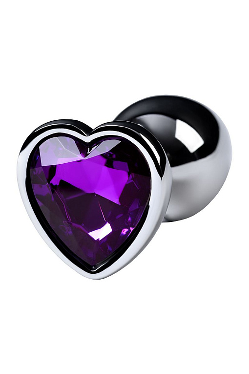 Серебристая коническая анальная пробка с фиолетовым кристаллом-сердечком - 7 см. - фото 5