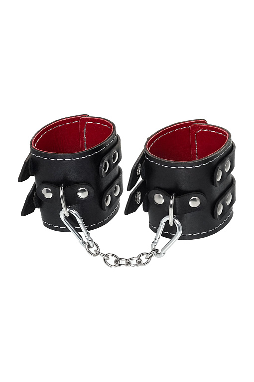 Черные кожаные наручники с двумя ремнями и красной подкладкой - натуральная кожа