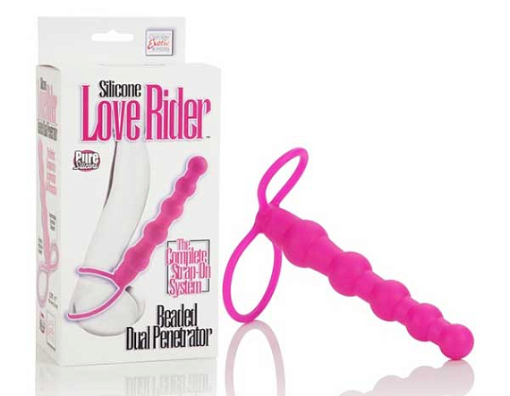 Розовая насадка для двойного проникновения Silicone Love Rider Beaded Dual Penetrator - 14,5 см. California Exotic Novelties