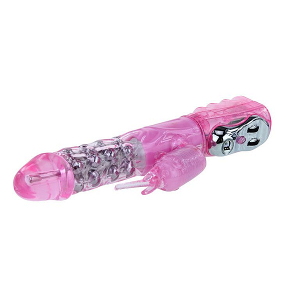 Розовый вибратор-ротатор с бусинами и клиторальным стимулятором - 26 см. от Intimcat