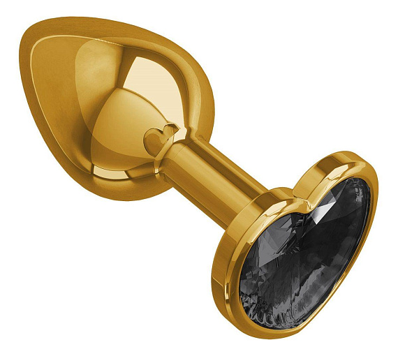 Золотистая анальная втулка с чёрным кристаллом-сердцем - 7 см. - металл