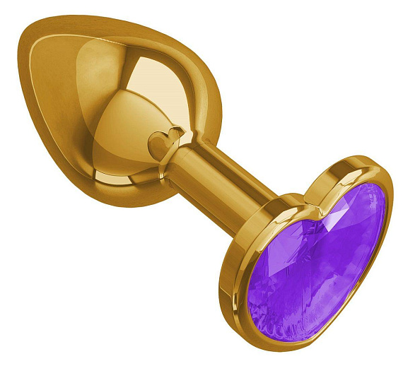 Золотистая анальная втулка с фиолетовым кристаллом-сердцем - 7 см. - металл