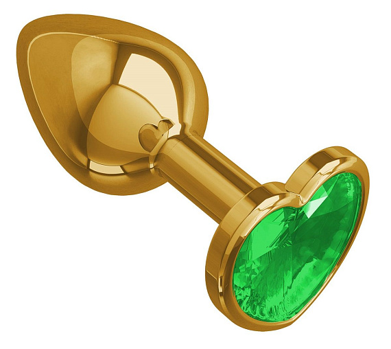 Золотистая анальная втулка с зеленым кристаллом-сердцем - 7 см. - металл