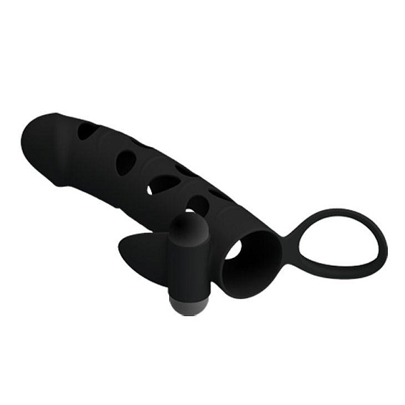 Чёрная закрытая насадка на пенис с вибрацией - 15,2 см. от Intimcat