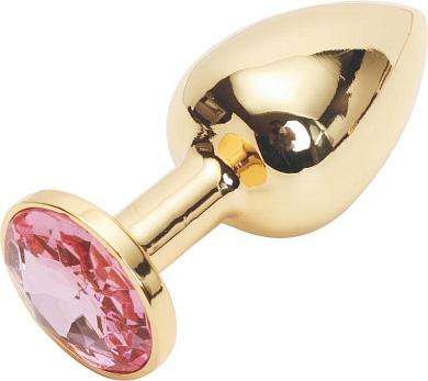 Золотистая анальная пробка с розовым кристаллом размера L - 9 см.