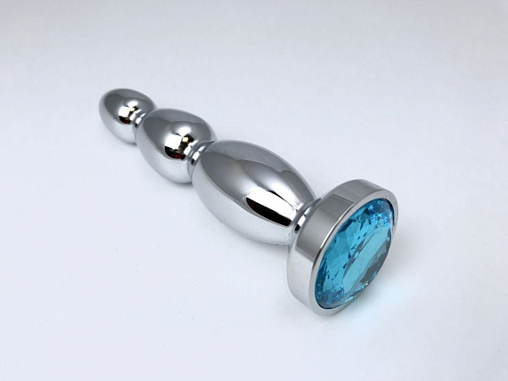 Серебристая удлиненная анальная пробка-ёлочка с голубым кристаллом - 13 см. - металл