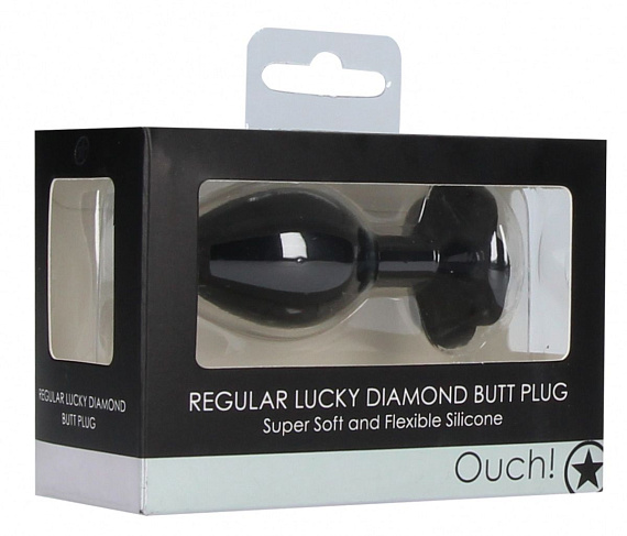 Черная анальная пробка с прозрачным кристаллом-клевером Lucky Diamond Butt Plug - 9,6 см. - силикон