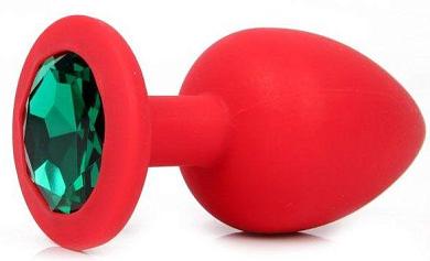 Красная анальная пробка с зеленым кристаллом - 9,5 см.