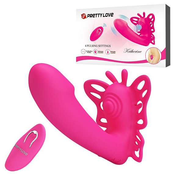 Розовая клиторальная бабочка с вагинальным виброотростком Katherine - силикон