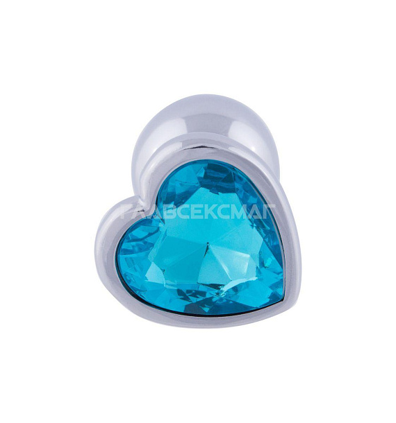 Серебристая анальная пробка с голубым кристаллом-сердцем - 7 см. - металл