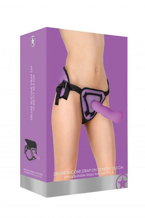Фиолетовый страпон Deluxe Silicone Strap On 10 Inch с волнистой насадкой - 25,5 см. - силикон