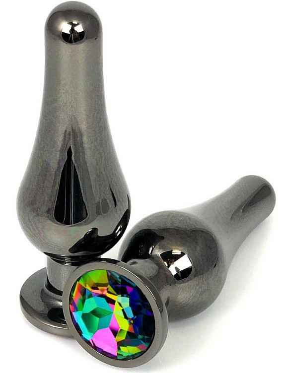 Черная удлиненная анальная пробка с разноцветным кристаллом - 10 см.