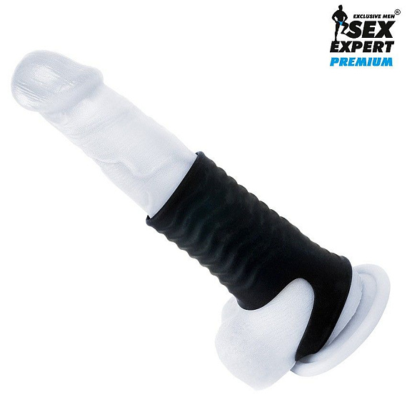Черная открытая насадка на пенис с кольцом для мошонки size M - 7,9 см. - фото 5