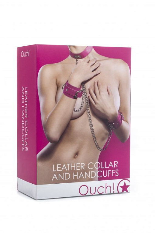 Розовый комплект для бондажа Leather Collar and Handcuffs - натуральная кожа