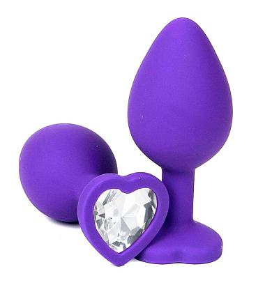 Фиолетовая силиконовая анальная пробка с прозрачным стразом-сердцем - 8 см.