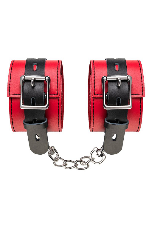 Красно-черные кожаные наручники со сцепкой - фото 6