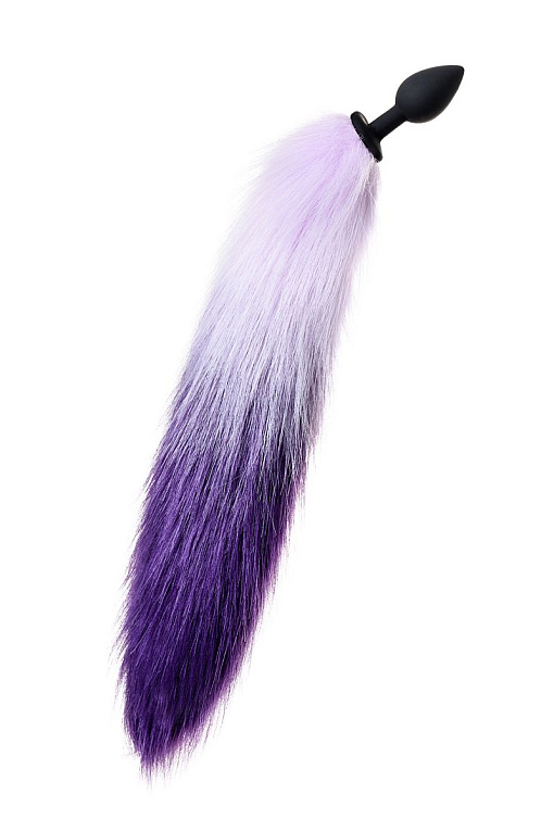 Черная анальная втулка с фиолетово-белым хвостом - размер S - силикон, мех искусственный
