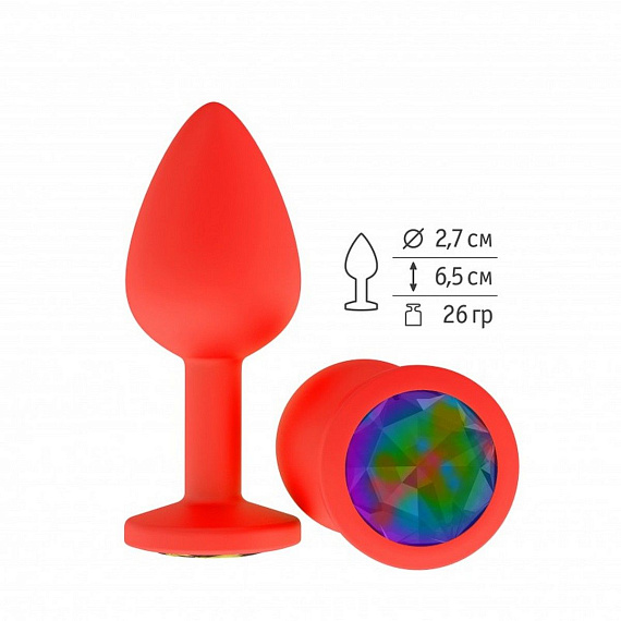 Красная анальная втулка с разноцветным кристаллом - 7,3 см. - силикон