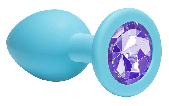 Средняя голубая анальная пробка Emotions Cutie Medium с фиолетовым кристаллом - 8,5 см. - силикон