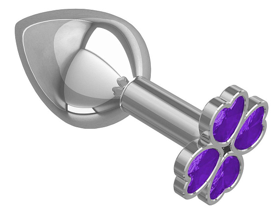 Средняя серебристая анальная втулка с клевером из фиолетовых кристаллов - 8,5 см. - металл
