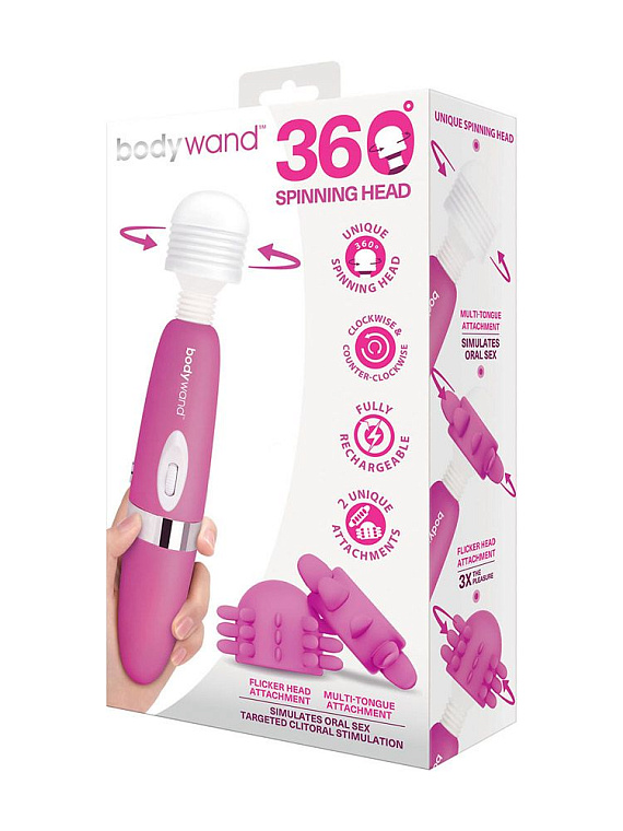 Розовый ротационный жезловый вибратор с двумя насадками 360° Spinning Head Wand Massager Set - анодированный пластик, силикон