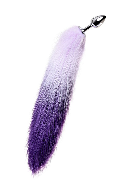 Серебристая металлическая анальная втулка с фиолетово-белым хвостом - размер S - металл, мех