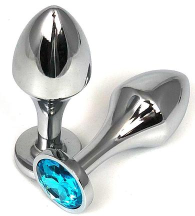 Серебристая анальная пробка на удлиненной ножке с голубым кристаллом - 9 см.