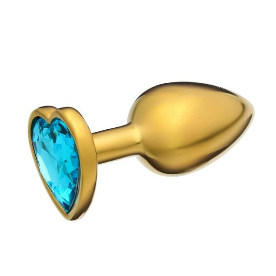 Золотистая анальная пробка с голубым кристаллом в форме сердца - 7 см. - алюминий