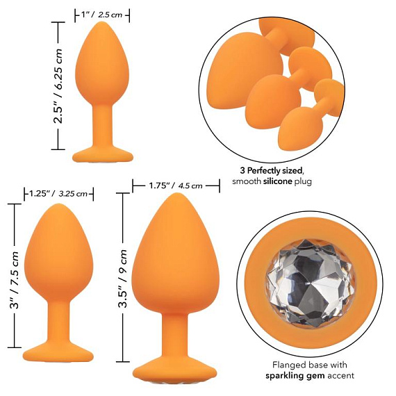 Набор из трёх оранжевых анальных пробок с кристаллом Cheeky Gems - силикон
